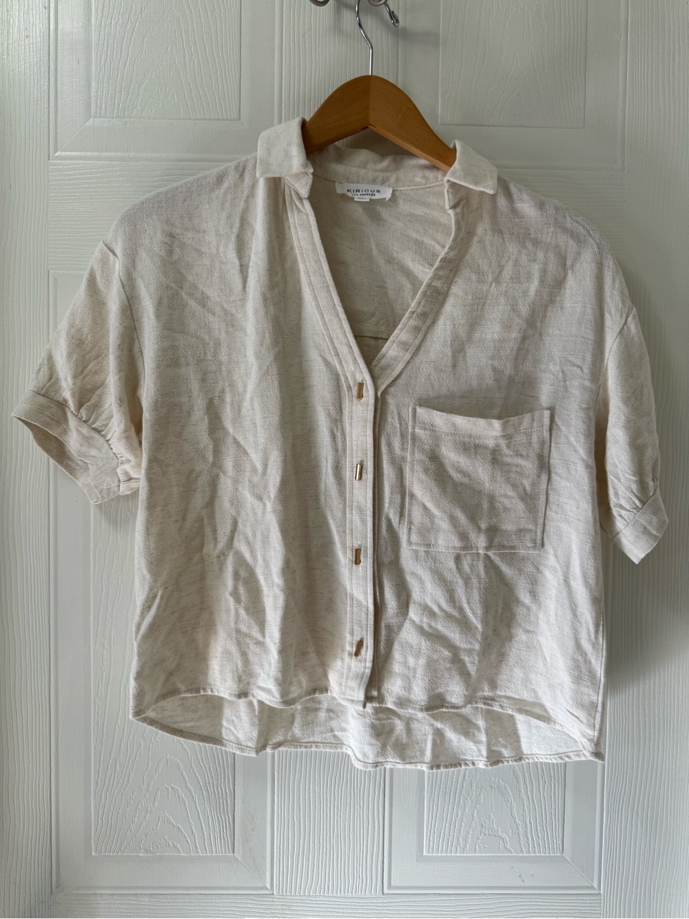 Women’s  Short-Sleeve Cream Button-Down Casual Shirt